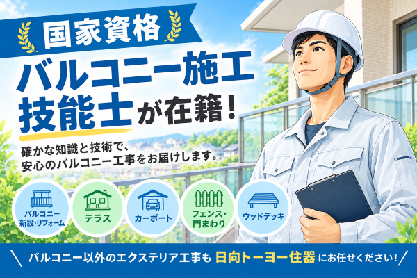 国家資格「バルコニー施工技能士」が在籍！エクステリア工事は日向トーヨー住器へ